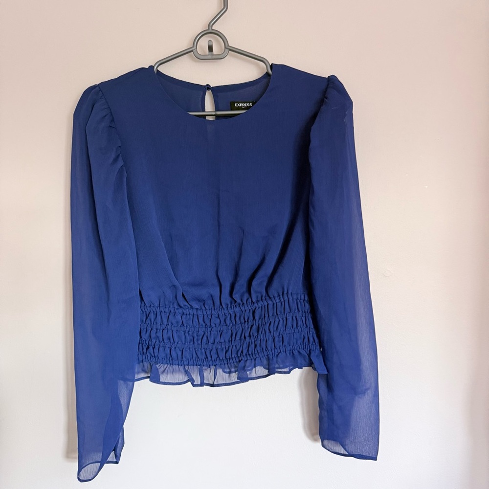 Express Royal Blue Smocked Hem Chiffon Crepe Long Sleeve Blouse size Small